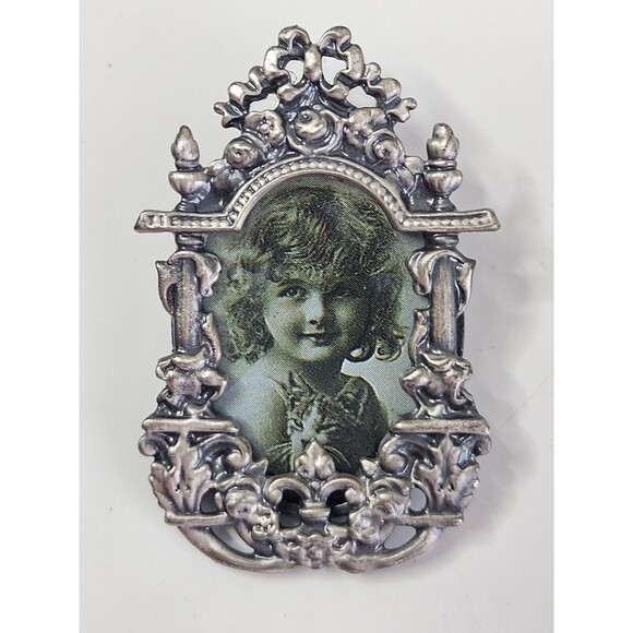 Victorian Style Small Picture Photo Frame Brooch Pin Silver Tone, Mourning Pins - Picture 2 of 7